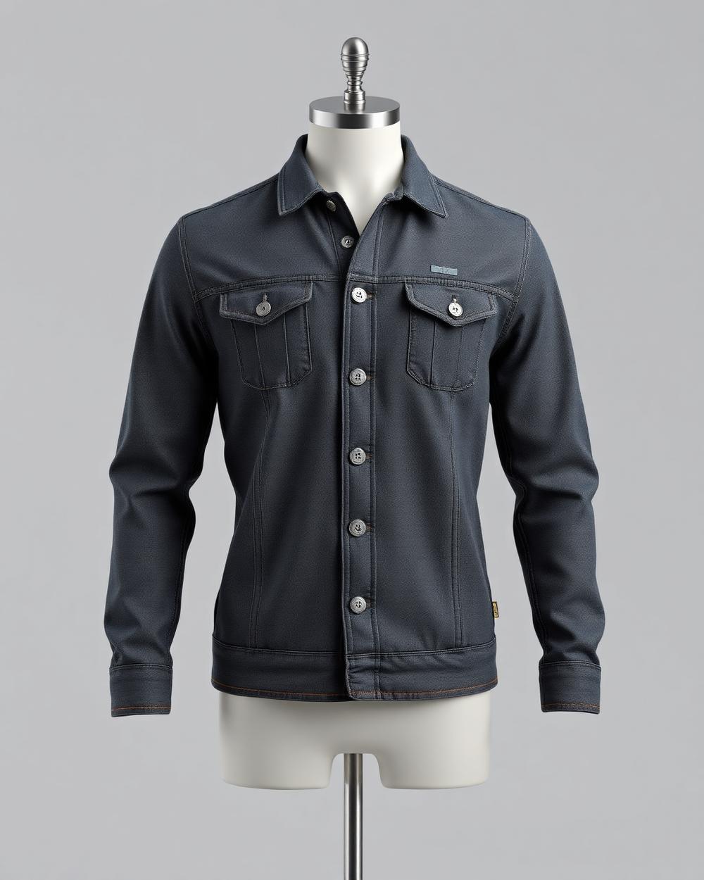 Denim shirt jacket 3D render showing topstitching, chest pockets and metal buttons