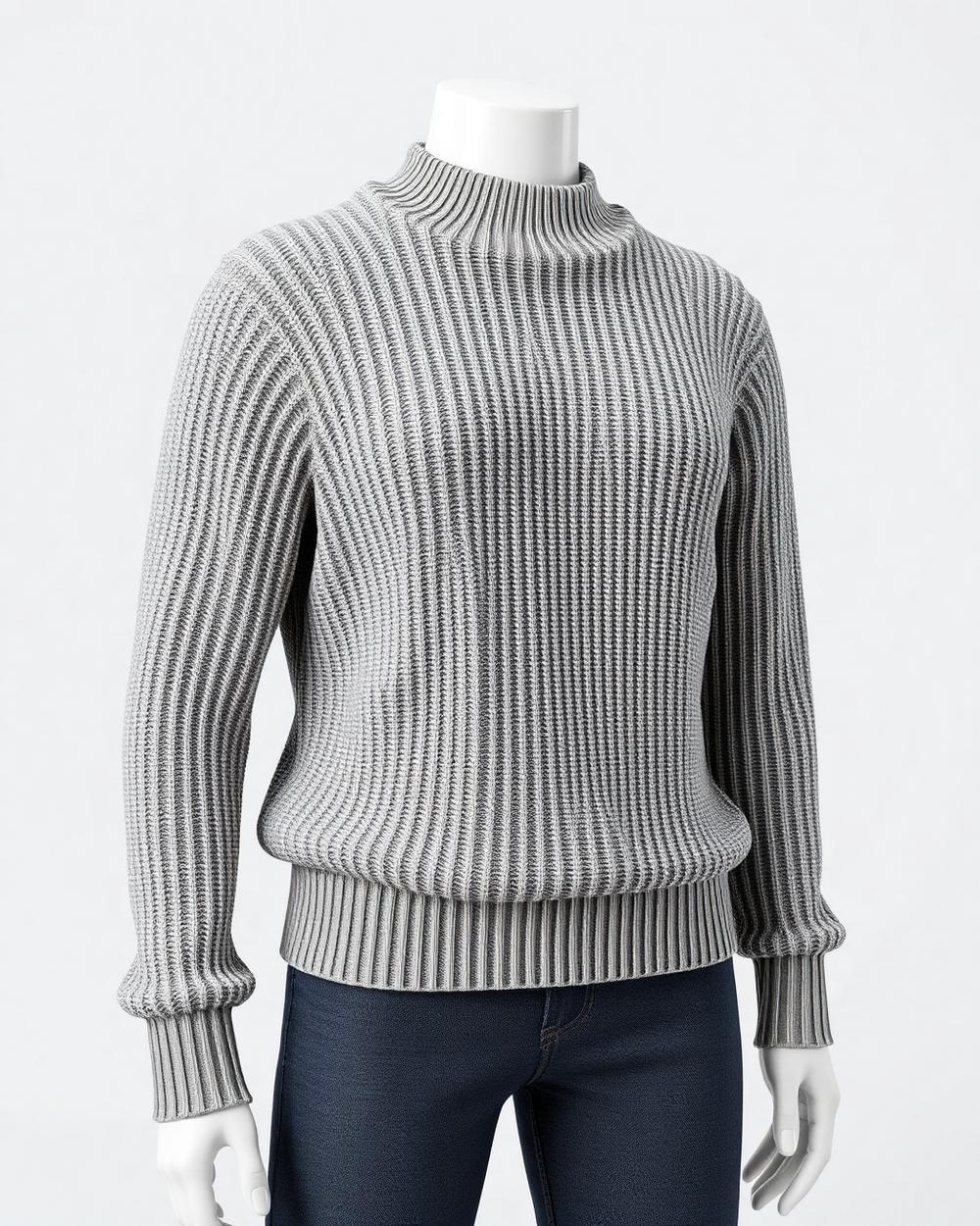 3D render of a ribbed knit mock-neck sweater on a digital avatar